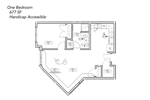 Floor plan for 1 bed, 1 bath, 677 sqft
